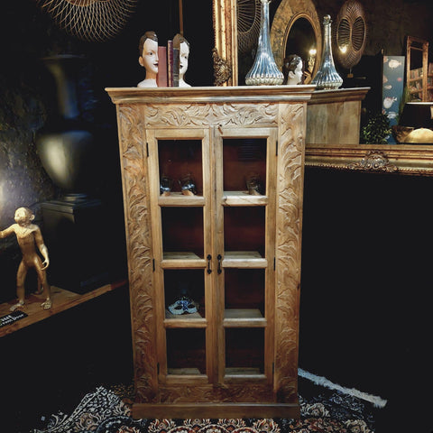 Carved Display Glass Cabinet - Mango Wood