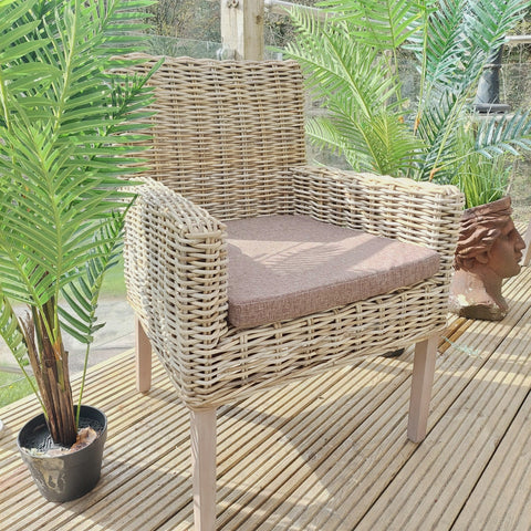 Rattan Out Door Garden Square Arm Dining Chair with Chocolate Cushion