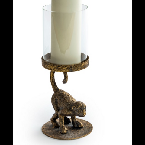 Antiqued Crouching Monkey Candle Holder With Glass Cover