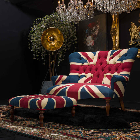 Selfridges Square Buttoned Footstool in Union Jack Tapestry Fabric