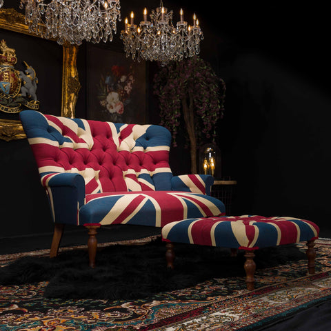 Selfridges Square Buttoned Footstool in Union Jack Tapestry Fabric