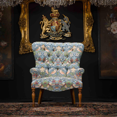 Selfridges Buttoned Wing Chair in Morris Blue Velvet