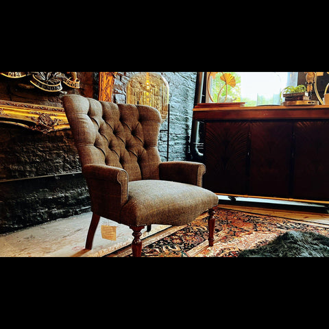 Selfridges Buttoned Wing Chair in Harris Tweed Grey