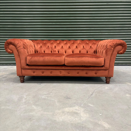 Bertie Chesterfield 2 Seater Sofa in Plush Orange Marmalade - Ex Display