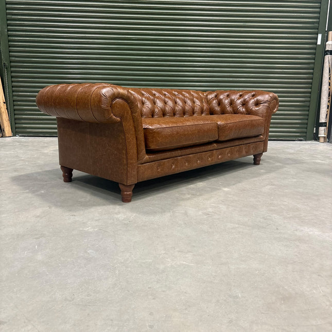 Bertie Chesterfield 3 Seater Sofa in Cuba Tan Leather - Ex Display