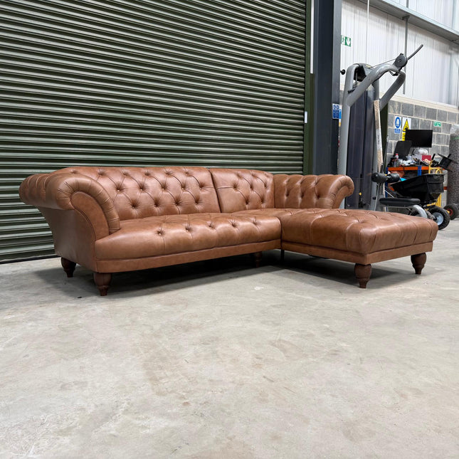 Oskar Italia Right Hand Facing Chaise Chesterfield in Brandy Leather - Ex Display
