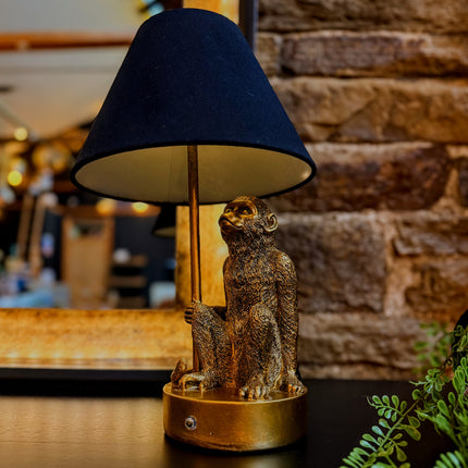 Antique Gold Monkey Table Lamp with Black Shade