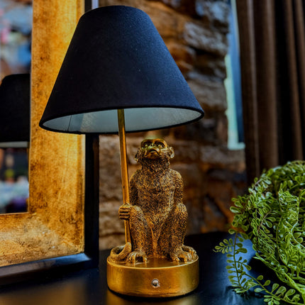 Antique Gold Monkey Table Lamp with Black Shade