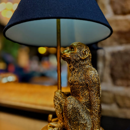 Antique Gold Monkey Table Lamp with Black Shade