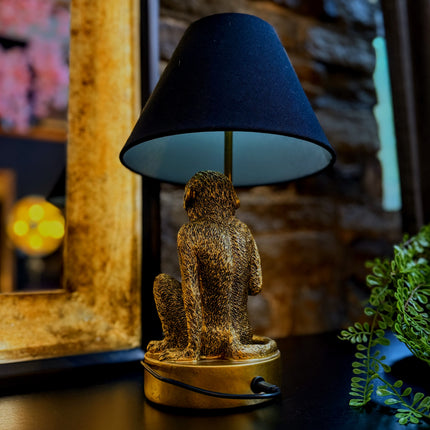 Antique Gold Monkey Table Lamp with Black Shade