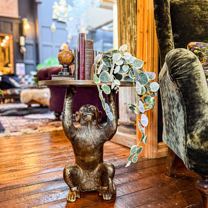 Antique Brass Monkey Holding Round Side Table - Clearance