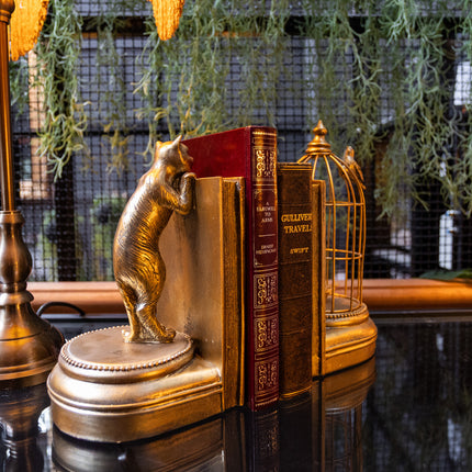 Antique Gold Curious Cat Pair Of Bookends