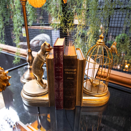 Antique Gold Curious Cat Pair Of Bookends
