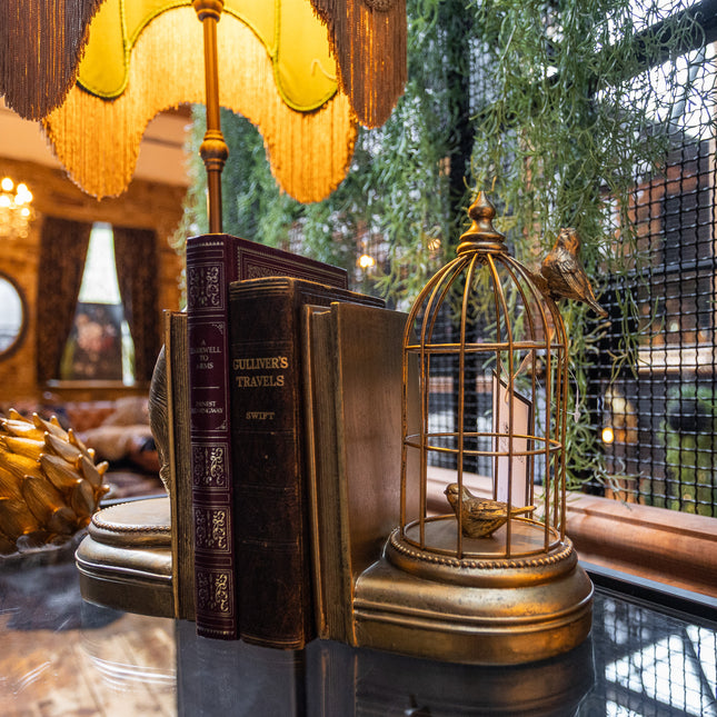 Antique Gold Curious Cat Pair Of Bookends