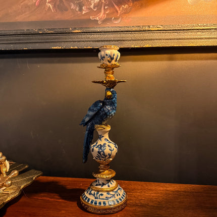 Antiqued Ornate Blue/White Parrot Candle Holder
