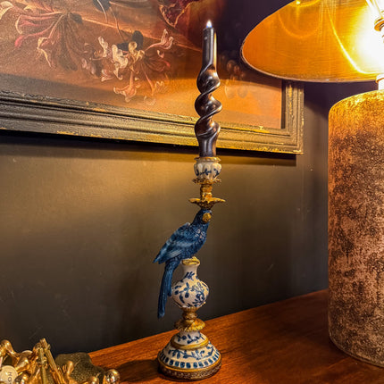 Antiqued Ornate Blue/White Parrot Candle Holder
