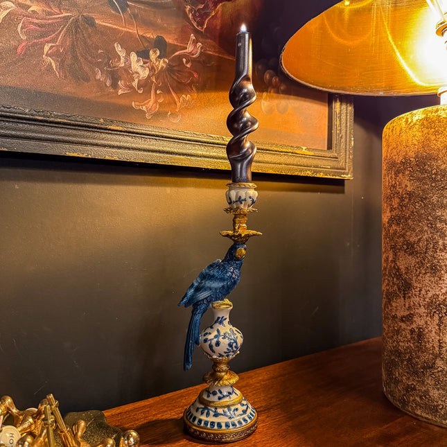 Antiqued Ornate Blue/White Parrot Candle Holder