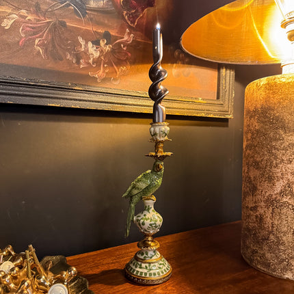 Antiqued Ornate Green and White Parrot Candle Holder