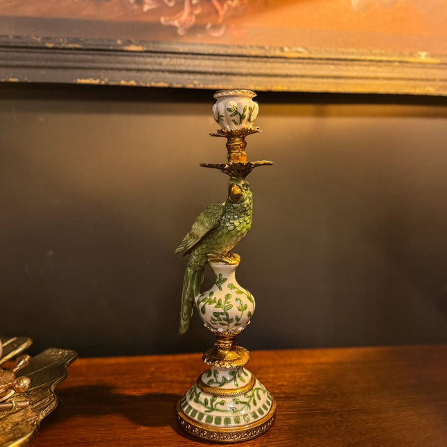 Antiqued Ornate Green and White Parrot Candle Holder
