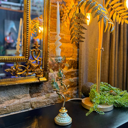 Antiqued Ornate Parrot Pair Branch Candle Holder