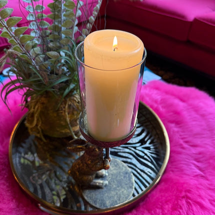 Antiqued Rabbit Candle Holder with Glass Cover