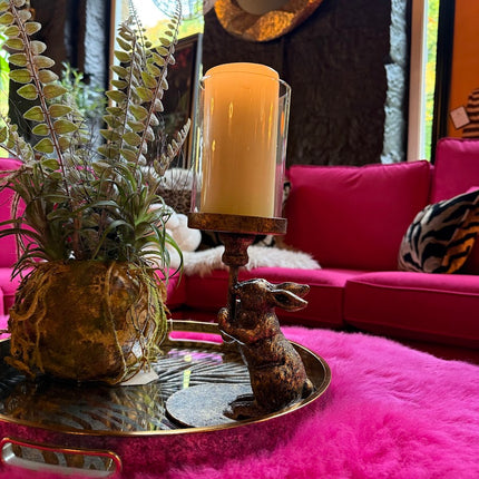 Antiqued Rabbit Candle Holder with Glass Cover