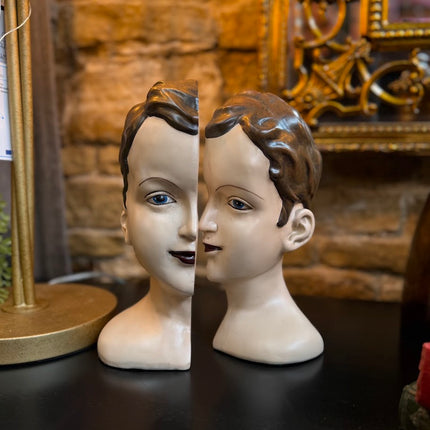 Antiqued Split Deco Head Bookends