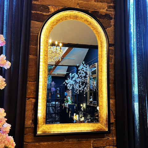 Arch Wall Black & Antique Gold Mirror with LED Lighting