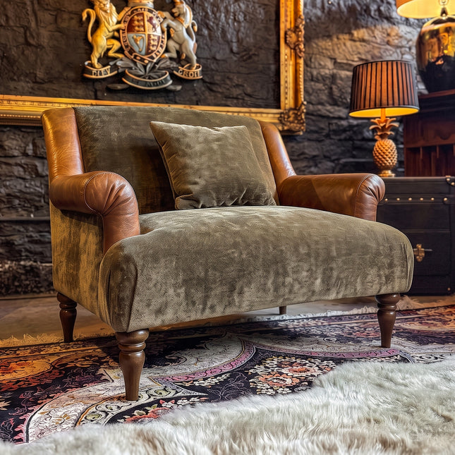 A classic Chesterfield armchair with brown leather rolled arms and legs, upholstered in a textured taupe velvet seat and back, styled with a matching throw pillow in a rustic room setting.