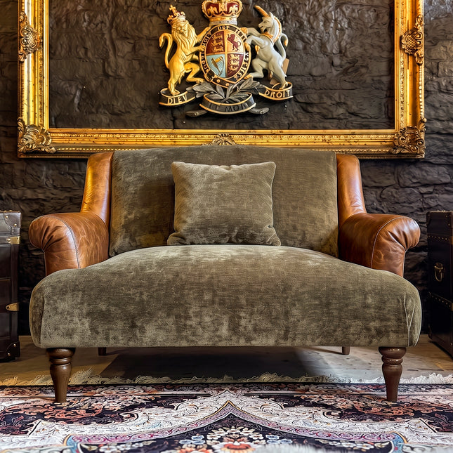 A plush velvet armchair with rolled tan leather arms and a matching throw pillow, set against a dark stone wall with a large ornate gold-framed crest above.