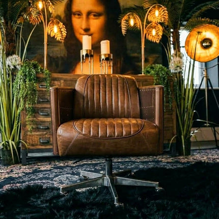 Aviator Brass Swivel Office Chair in Vintage Leather 