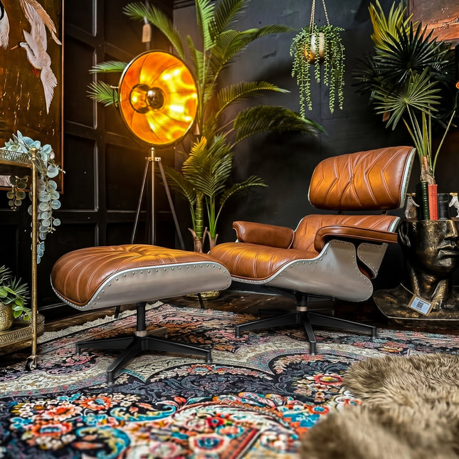 Aviator Eames Style Leather Lounge Chair with Footstool 001