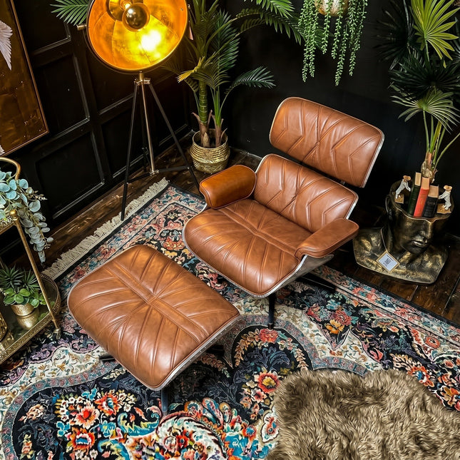 Aviator Eames Style Leather Lounge Chair with Footstool 002