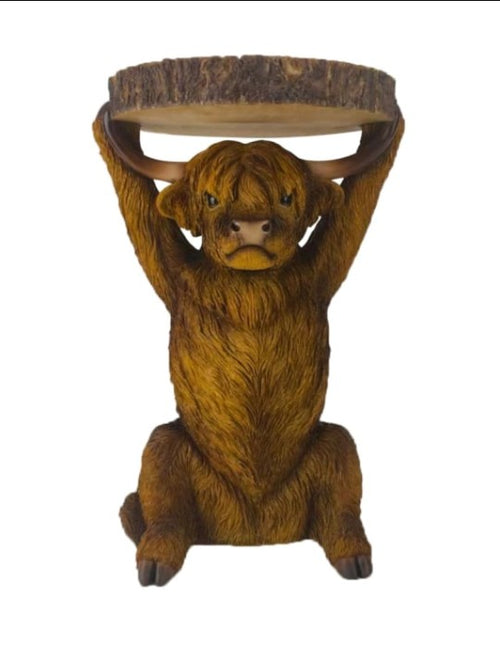 Highland Cow With A Trunk Slice Side Table
