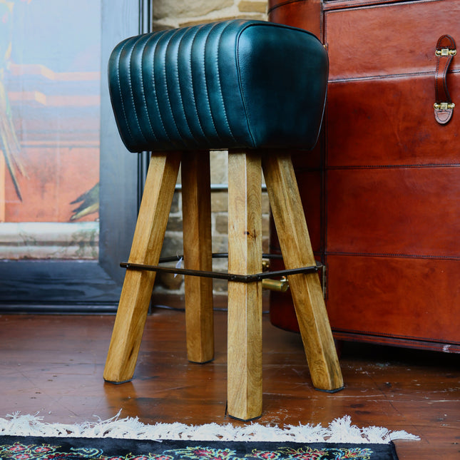 Pommel Horse Style Bar Stool in Blue Leather