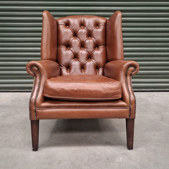 Banbury Chesterfield Wingback Armchair in Brown Leather - Ex Display