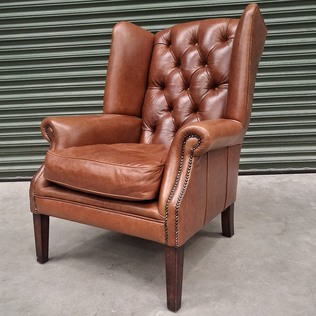 Banbury Chesterfield Wingback Armchair in Brown Leather - Ex Display