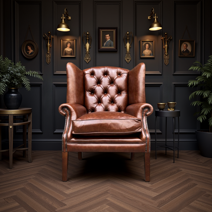 Banbury Chesterfield Wingback Armchair in Highland Hazel Leather- Ex Display