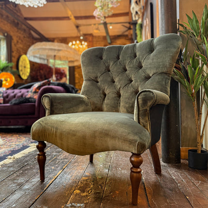 Belgravia Buttoned Wing Chair in Opulence Emerald and Prince Du Jardin Velvet
