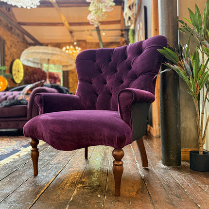 Belgravia Buttoned Wing Chair in Opulence Plum and Chevalier Grenat Velvet