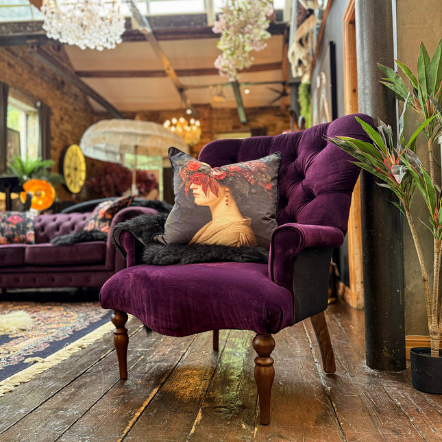Belgravia Buttoned Wing Chair in Opulence Plum and Dame Rouge Velvet
