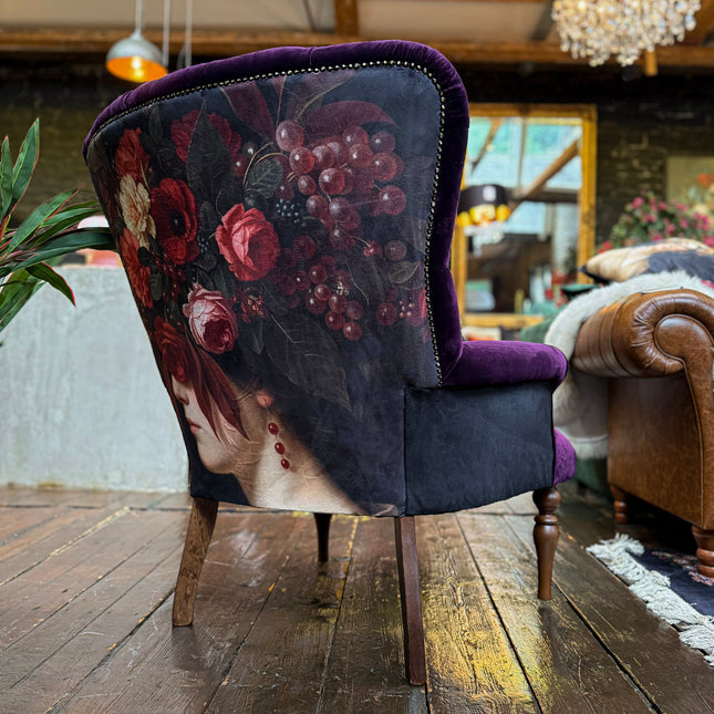 Belgravia Buttoned Wing Chair in Opulence Plum and Dame Rouge Velvet