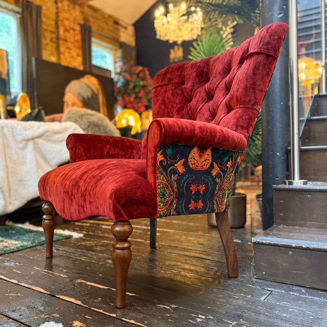 Belgravia Buttoned Wing Chair in Sunshine Amber & Bohemian Amber Botanical