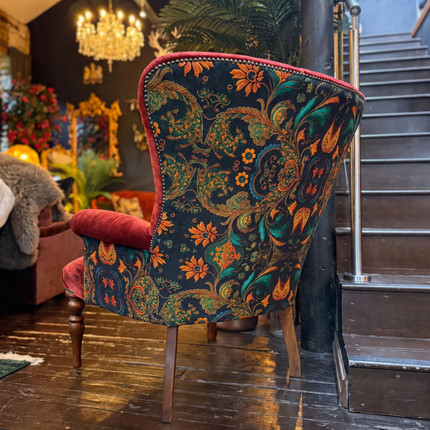 Belgravia Buttoned Wing Chair in Sunshine Amber & Bohemian Amber Botanical