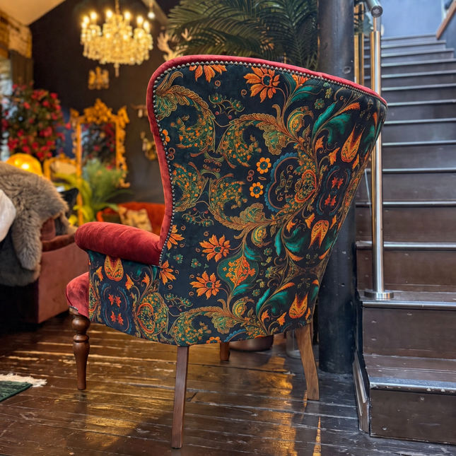 Belgravia Buttoned Wing Chair in Sunshine Amber & Bohemian Amber Botanical