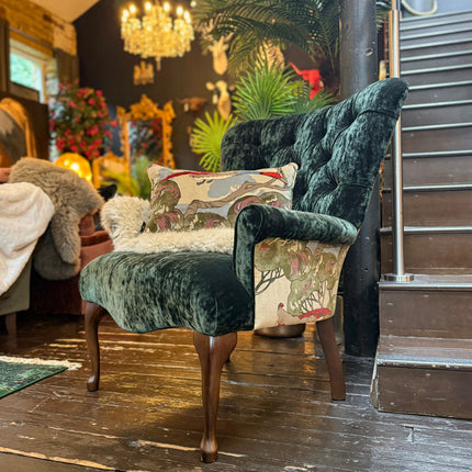 Belgravia Buttoned Wing Chair in Sunshine Emerald Velvet and Mulberry Flying Ducks