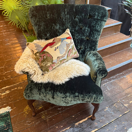 Belgravia Buttoned Wing Chair in Sunshine Emerald Velvet and Mulberry Flying Ducks