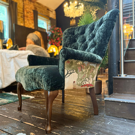 Belgravia Buttoned Wing Chair in Sunshine Emerald Velvet and Mulberry Flying Ducks