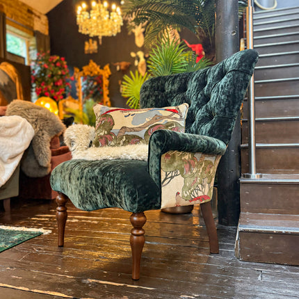 Belgravia Buttoned Wing Chair in Sunshine Emerald Velvet and Mulberry Flying Ducks