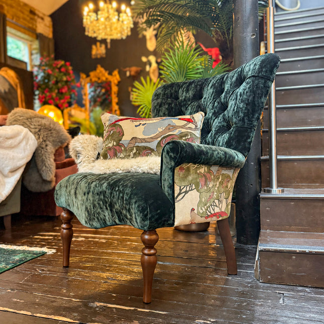 Belgravia Buttoned Wing Chair in Sunshine Emerald Velvet and Mulberry Flying Ducks